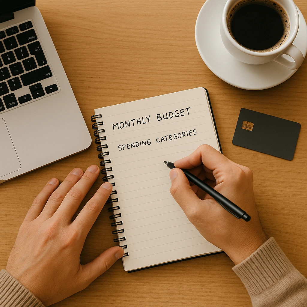 A close-up of a person writing a spending plan in a notebook next to a laptop, taking actionable steps to choose the best new credit card.