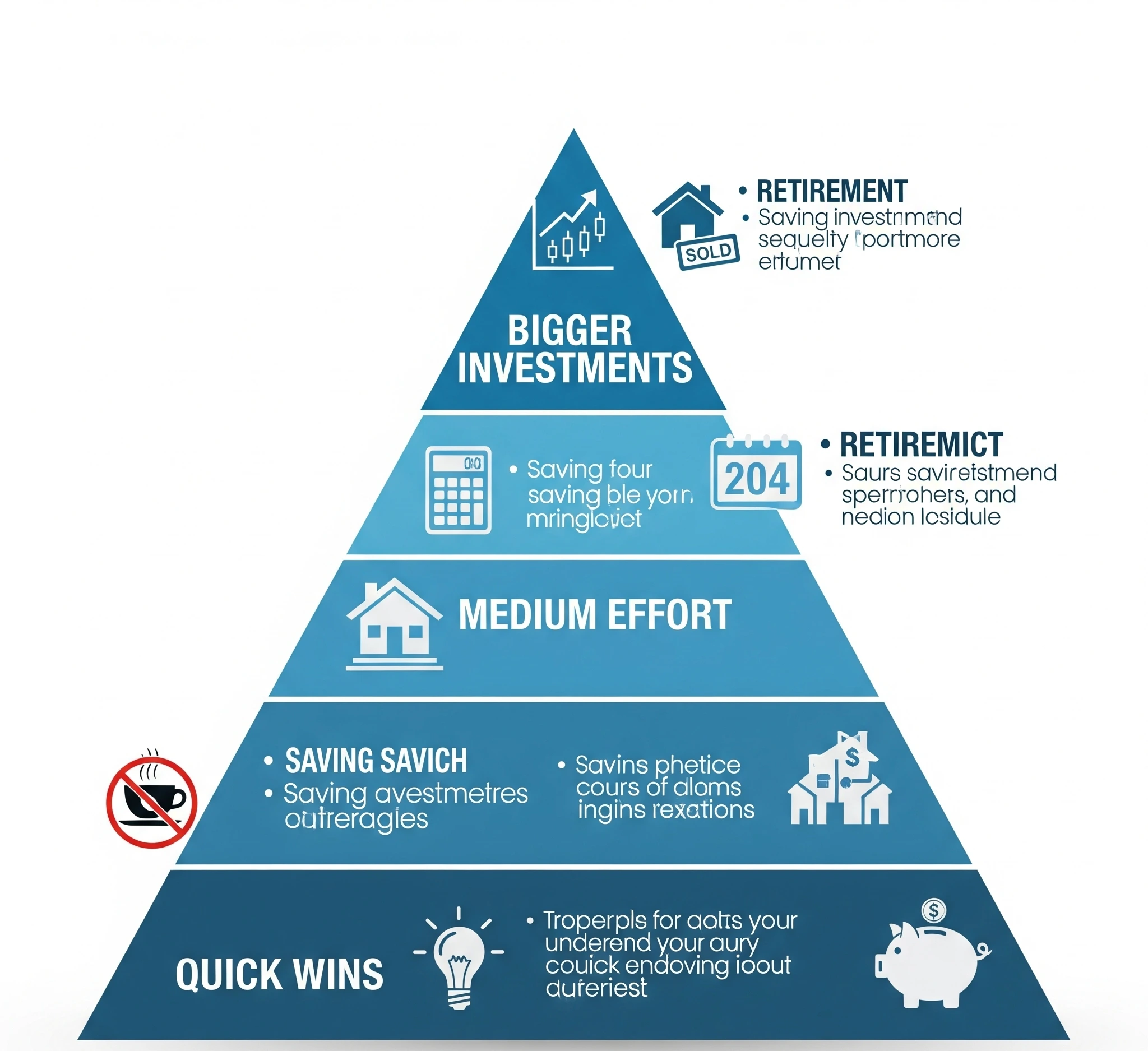 A pyramid diagram showing how to save money, with 'Quick Wins' at the broad base, 'Medium Effort' in the middle, and 'Bigger Investments' at the narrow top.