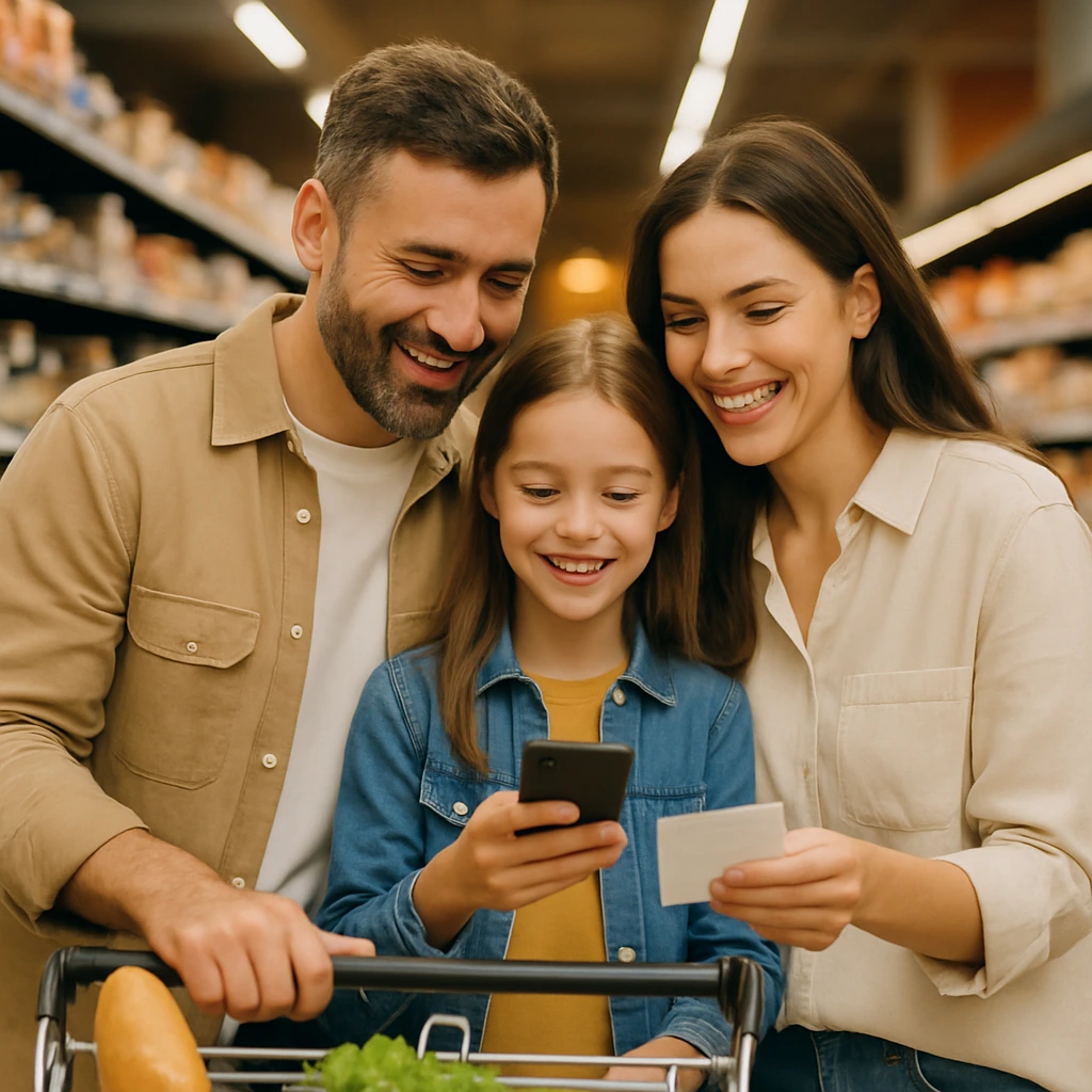 A young family smiling while looking at their grocery list in a supermarket, planning their spending to maximize cashback rewards from their UK credit card.