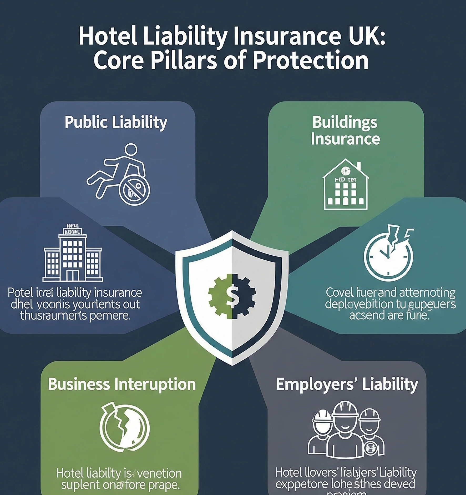 An infographic illustrating the core pillars of hotel liability insurance UK, with icons for public liability, buildings, business interruption, and employers’ liability.