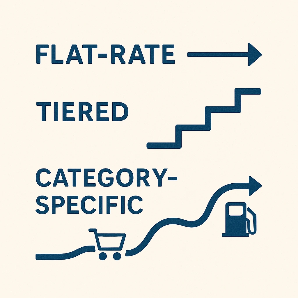 An infographic showing three different paths for choosing a cashback card a simple flat-rate path, a climbing tiered-rate path, and a focused category-specific path.