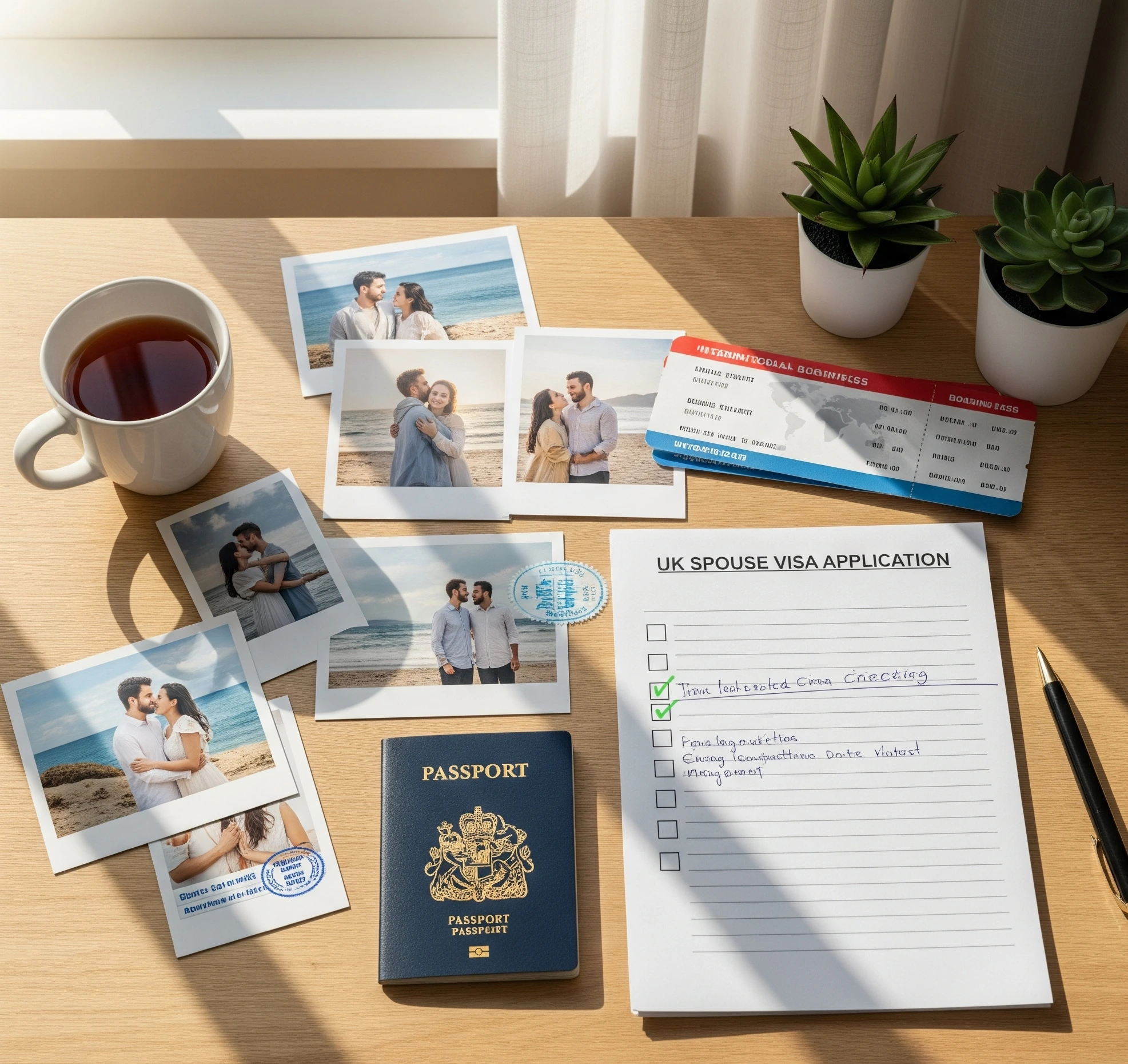An organized desk with photos, flight tickets, a passport, and a checklist for a UK spouse visa application, representing the process of gathering relationship evidence.